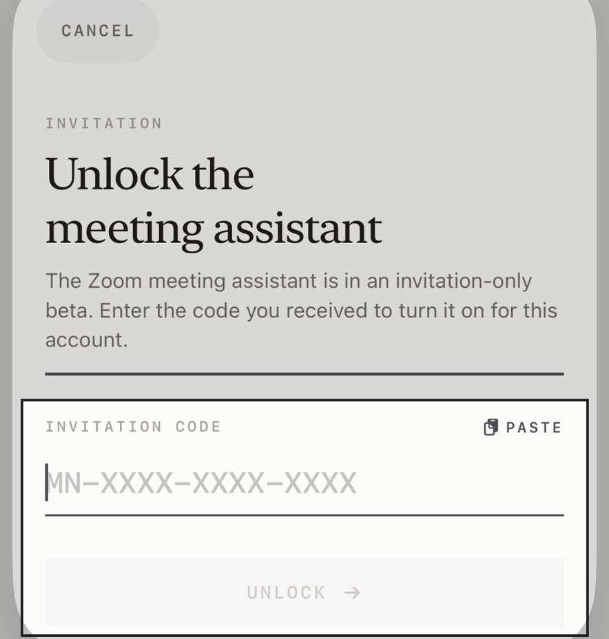 La feuille pour déverrouiller l’assistant de réunion, avec le champ du code d’invitation et le bouton Déverrouiller en surbrillance