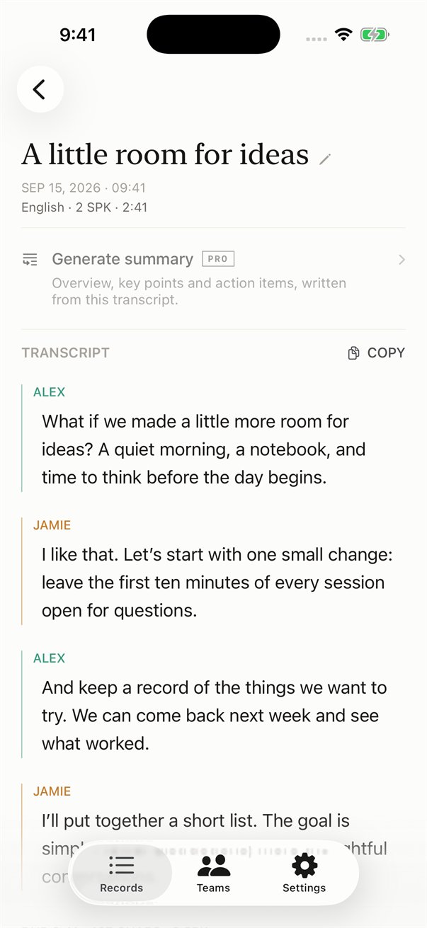 Minine sur iPhone, avec la transcription de deux intervenants