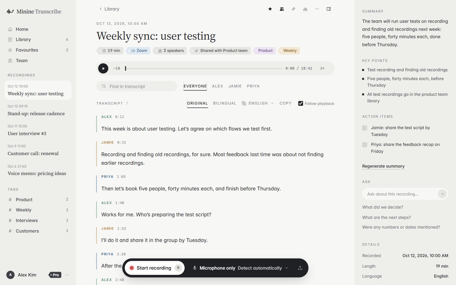 L’app web Minine dans un navigateur, avec la transcription d’une réunion, les intervenants et un résumé